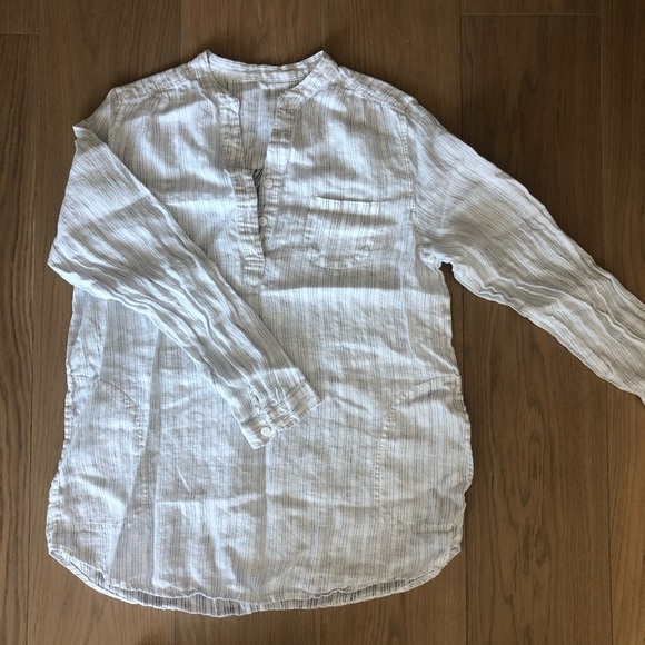 New white black vertical striped long sleeve blouse linen size medium cotton - Picture 1 of 6